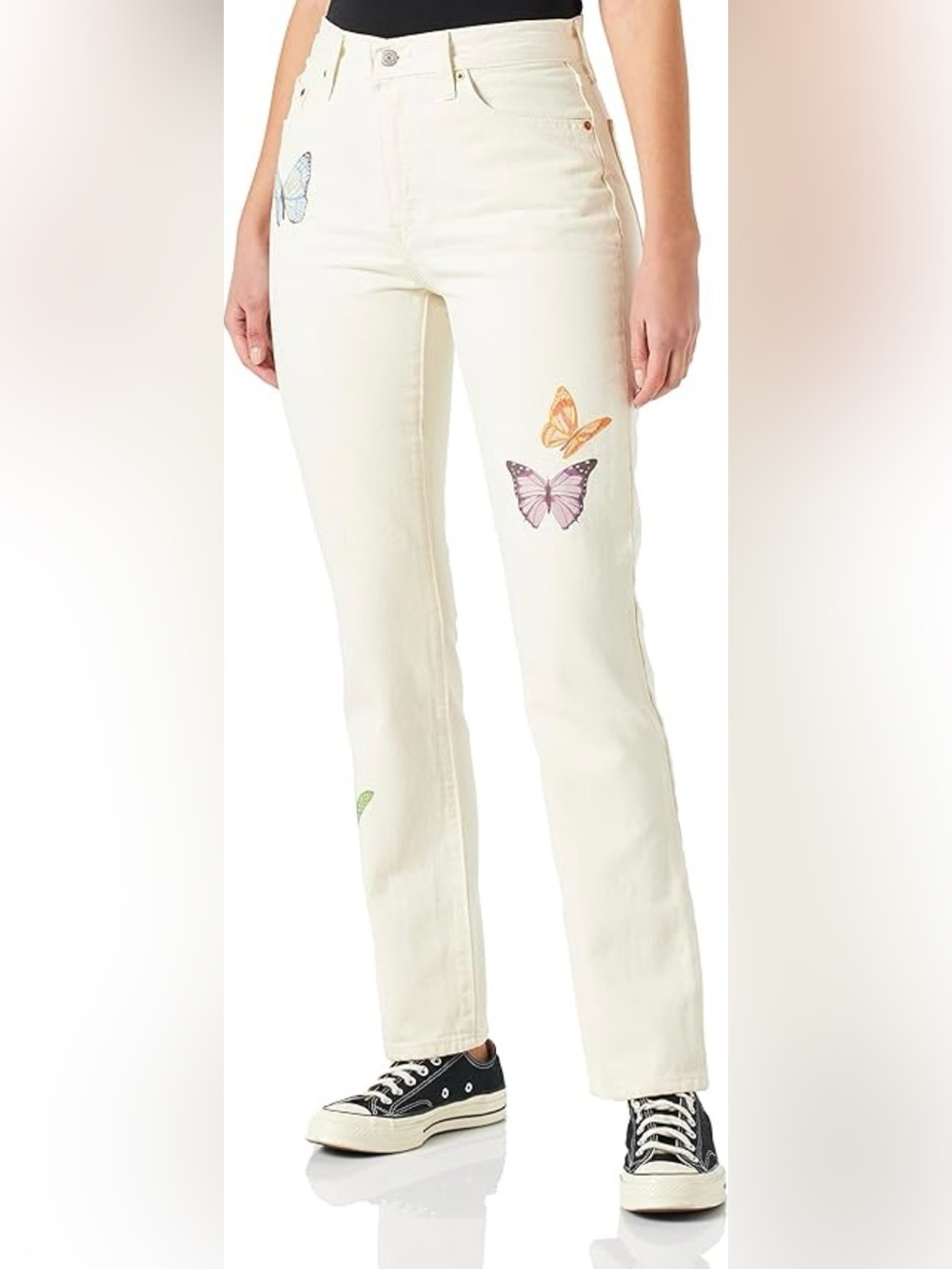 Levi's 501 Women White Denim High-Rise Straight Leg Butterfly Accents Size 27x28